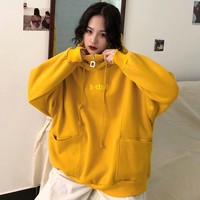 Cute Yellow Chill Letter Embroidery Causal Oversized Hoodie Sweater Sweatshirt Long Sleeve Pullover E-Girl Kawaii Korean Japanese Harajuku Streetwear - Thumbnail 3