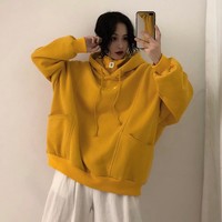 Cute Yellow Chill Letter Embroidery Causal Oversized Hoodie Sweater Sweatshirt Long Sleeve Pullover E-Girl Kawaii Korean Japanese Harajuku Streetwear - Thumbnail 5