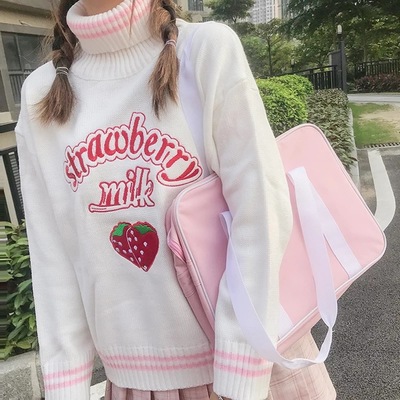 Cute Pastel Pink Strawberry Milk Turtleneck Knit Sweater Sweatshirt Jumper Long Sleeve Pullover E-Girl Kawaii Korean Japanese Harajuku Streetwear