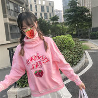 Cute Pastel Pink Strawberry Milk Turtleneck Knit Sweater Sweatshirt Jumper Long Sleeve Pullover E-Girl Kawaii Korean Japanese Harajuku Streetwear - Thumbnail 3