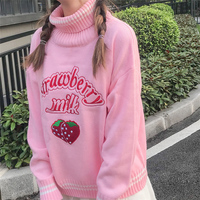 Cute Pastel Pink Strawberry Milk Turtleneck Knit Sweater Sweatshirt Jumper Long Sleeve Pullover E-Girl Kawaii Korean Japanese Harajuku Streetwear - Thumbnail 4