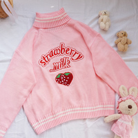 Cute Pastel Pink Strawberry Milk Turtleneck Knit Sweater Sweatshirt Jumper Long Sleeve Pullover E-Girl Kawaii Korean Japanese Harajuku Streetwear - Thumbnail 6