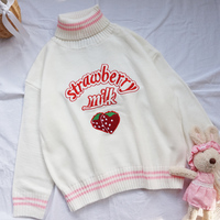 Cute Pastel Pink Strawberry Milk Turtleneck Knit Sweater Sweatshirt Jumper Long Sleeve Pullover E-Girl Kawaii Korean Japanese Harajuku Streetwear - Thumbnail 7