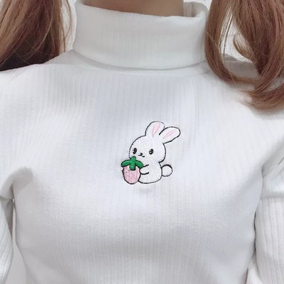 Cute Rabbit Animal Embroidery Knit Turtleneck Sweater Sweatshirt Pullover Long Sleeve Shirt E-Girl Kawaii Korean Japanese Harajuku Streetwear
