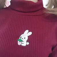 Cute Rabbit Animal Embroidery Knit Turtleneck Sweater Sweatshirt Pullover Long Sleeve Shirt E-Girl Kawaii Korean Japanese Harajuku Streetwear - Thumbnail 1