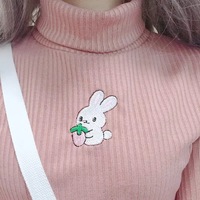 Cute Rabbit Animal Embroidery Knit Turtleneck Sweater Sweatshirt Pullover Long Sleeve Shirt E-Girl Kawaii Korean Japanese Harajuku Streetwear - Thumbnail 2