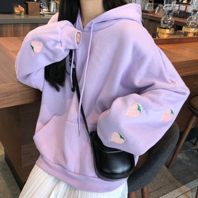  cute pastel purple strawberry embroidery patch oversized hoodie sweater sweatshirt pullover winter e-girl kawaii korean japanese harajuku streetwear - Thumbnail 3