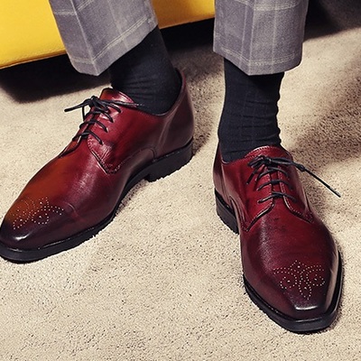 Burgundy oxford men genuine leather medallion toe handmade lace up business shoes