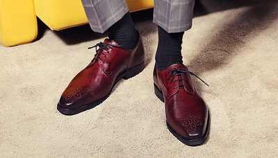 Burgundy Oxford Men Genuine Leather Medallion Toe Handmade Lace Up Business Shoes