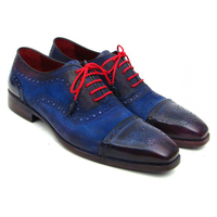 Two Tone Blue Patina Hand Painted Suede Genuine Leather Brogue Cap Toe Red Laces Men's Shoes - Thumbnail 1