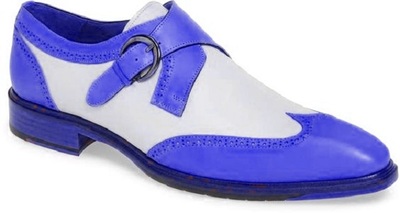 Monk White Blue Cont Single Buckle Strap Genuine Leather Wing Tip Handmade Derby Toe Two Tone Shoes