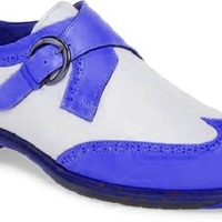Monk White Blue Cont Single Buckle Strap Genuine Leather Wing Tip Handmade Derby Toe Two Tone Shoes - Thumbnail 1