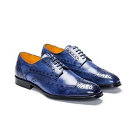 Rounded Full Brogue Wing Tip Blue Oxford Genuine Leather Lace Up Handmade Black Sole Shoes - Thumbnail 1