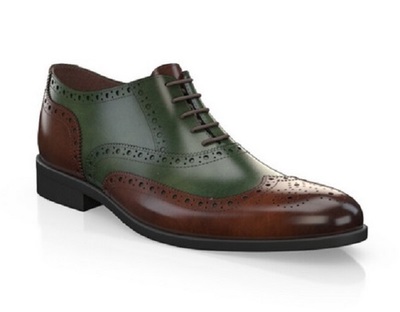 Brown and Green Contrast Oxford Wing Tip Burnished Brogue Toe Leather Lace up Handmade Shoes