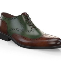 Brown and Green Contrast Oxford Wing Tip Burnished Brogue Toe Leather Lace up Handmade Shoes - Thumbnail 1