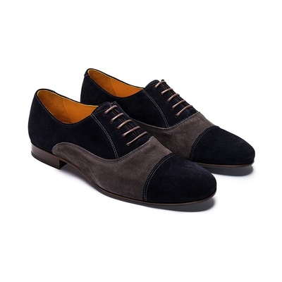 Oxford Blue Suede Gray Two Tone Derby Cap Toe Real Leather Lace Up Handmade Footwear Shoes
