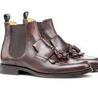 Brown Chelsea Tassels Fringed Jumper Slip On Genuine Leather Rounded Split Toe Ankle High Boots - Thumbnail 4