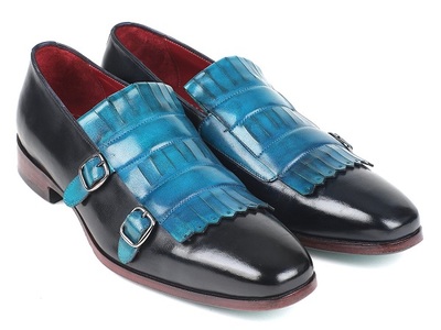 Blue and Black Monk Double Buckle Strap Fringed Patent Real Leather Derby Toe Handmade Shoes