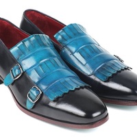 Blue and Black Monk Double Buckle Strap Fringed Patent Real Leather Derby Toe Handmade Shoes - Thumbnail 4