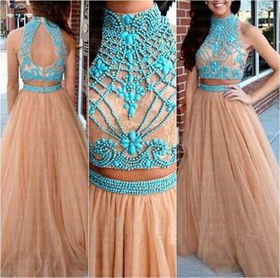 SP1380,2021 Nude Long Two Piece Tulle Prom Dress with Turquoise Beading For Teens