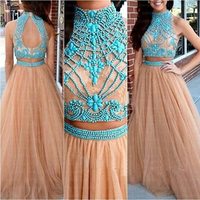 SP1380,2021 Nude Long Two Piece Tulle Prom Dress with Turquoise Beading For Teens - Thumbnail 1
