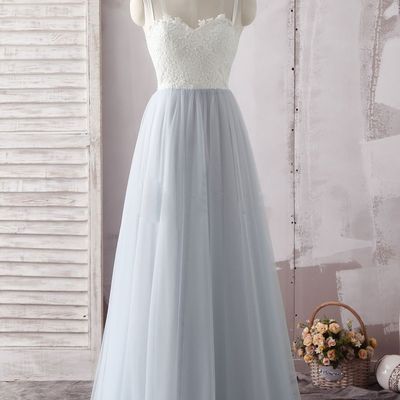 Sp1386,a line tulle white lace top long sweetheart neck prom dress - Thumbnail 5