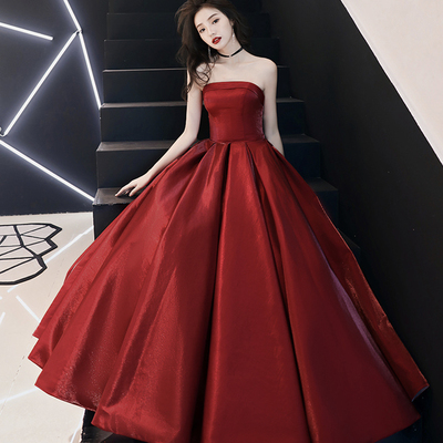 Simple satin long prom dress burgundy evening dress - Thumbnail 3