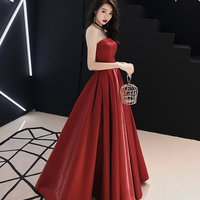 Simple satin long prom dress burgundy evening dress - Thumbnail 1