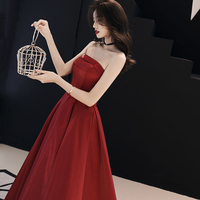 Simple satin long prom dress burgundy evening dress - Thumbnail 2