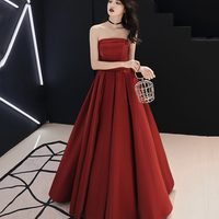 Simple satin long prom dress burgundy evening dress - Thumbnail 3