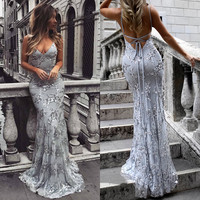 SP1393,Backless Sexy Evening Gowns,Lace Floor-Length Fit and Flare Prom Dress,Fashion Formal Evening Dresses - Thumbnail 1