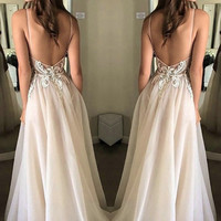SP1394,Backless Spaghetti Straps A-line Organza Flowy Prom Dress Long,Light Pink V-Neck Wedding Gown,Organza Wedding Dress - Thumbnail 1