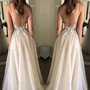 SP1394,Backless Spaghetti Straps A-line Organza Flowy Prom Dress Long,Light Pink V-Neck Wedding Gown,Organza Wedding Dress-1