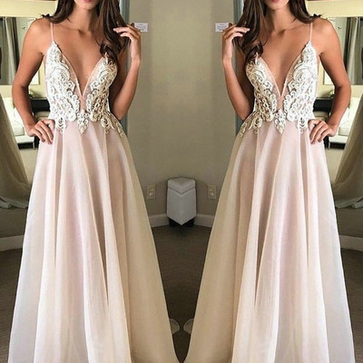 Sp1394,backless spaghetti straps a-line organza flowy prom dress long,light pink v-neck wedding gown,organza wedding dress - Thumbnail 4