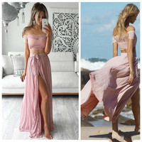 SP1397,Beach Wedding Dress,Boho Prom Dress,Boho Wedding Dress,Pink Prom Dress,Two Piece Prom Dress - Thumbnail 1