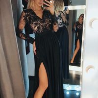 SP1398,Black Modest Long Sleeves Prom Dress Sexy Side Slit Evening Dress - Thumbnail 1