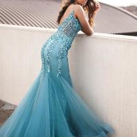 SP1401,Blue Organza Lace Appliques Mermaid See Through Prom Dress Formal Dress - Thumbnail 1