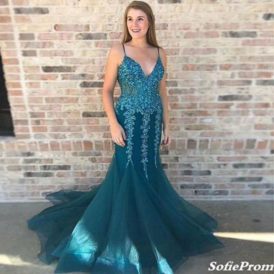 SP1401,Blue Organza Lace Appliques Mermaid See Through Prom Dress Formal Dress