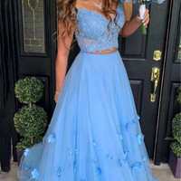 SP1402,Blue Pretty Off the Shoulder Lace Two Piece Long Prom Dress with 3D flowers - Thumbnail 1