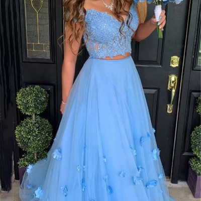 Sp1402,blue pretty off the shoulder lace two piece long prom dress with 3d flowers - Thumbnail 5