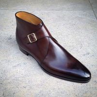Christmas Sale Brown Plain Toe Unique Ankle Monk Strap Leather Men's Business Shoes - Thumbnail 1