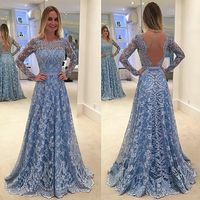 SP1404,Blue Prom Dress,Lace Prom Dress,Long Sleeve Prom Dress,Backless Prom Dress - Thumbnail 1