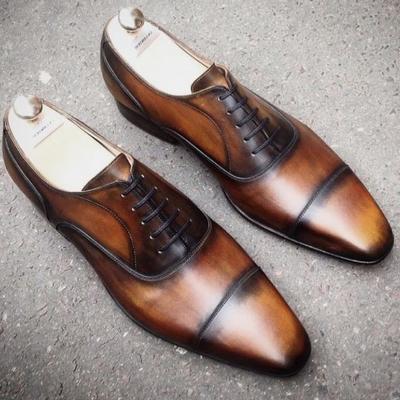 Men's two tone cap toe lace up wedding sale genuine leather shoes - Thumbnail 1
