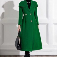 Green Double Breasted Woolen Coat - Thumbnail 1
