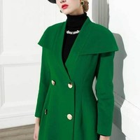Green Double Breasted Woolen Coat - Thumbnail 4
