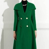 Green Double Breasted Woolen Coat - Thumbnail 5
