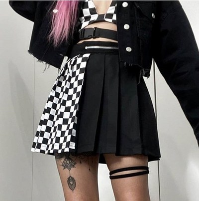 Gothic Black High Waist Patchwork Plaid Skirt