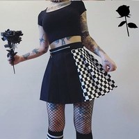 Gothic Black High Waist Patchwork Plaid Skirt - Thumbnail 1