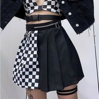 Gothic Black High Waist Patchwork Plaid Skirt - Thumbnail 4