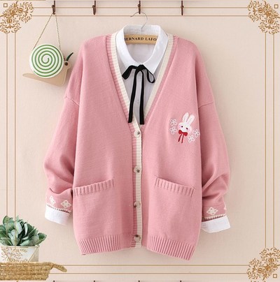 Kawaii Sweet Lolita Cute Bunny Embroidery Knitted Sweater